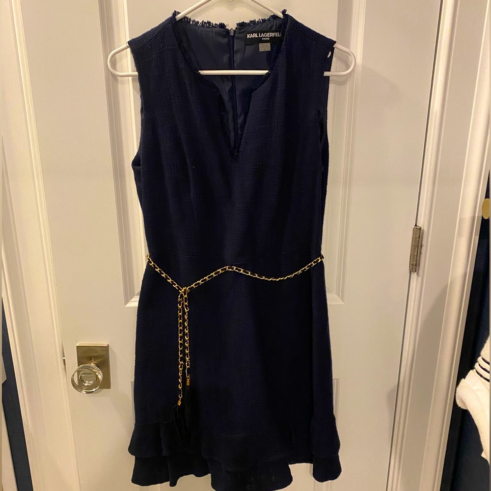 Karl Lagerfeld size 6 navy dress with beautiful gold belt
